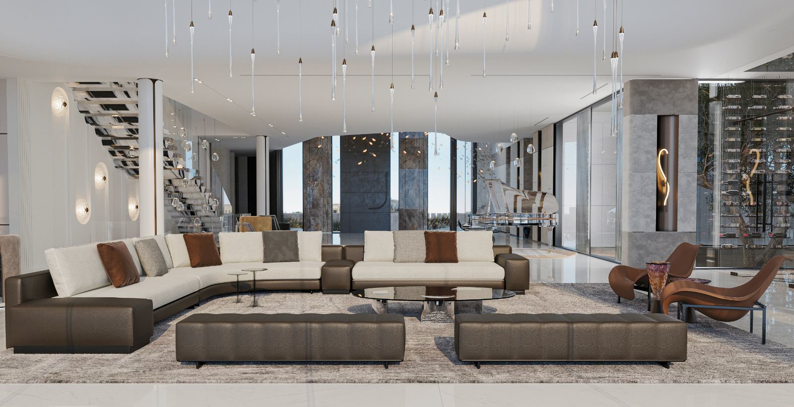Ultra-luxury villa kitchen with brass hood and marble island